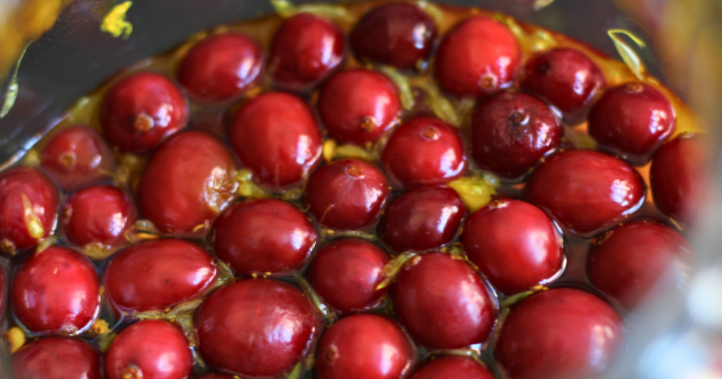 Cranberries floating on top of fire cider.