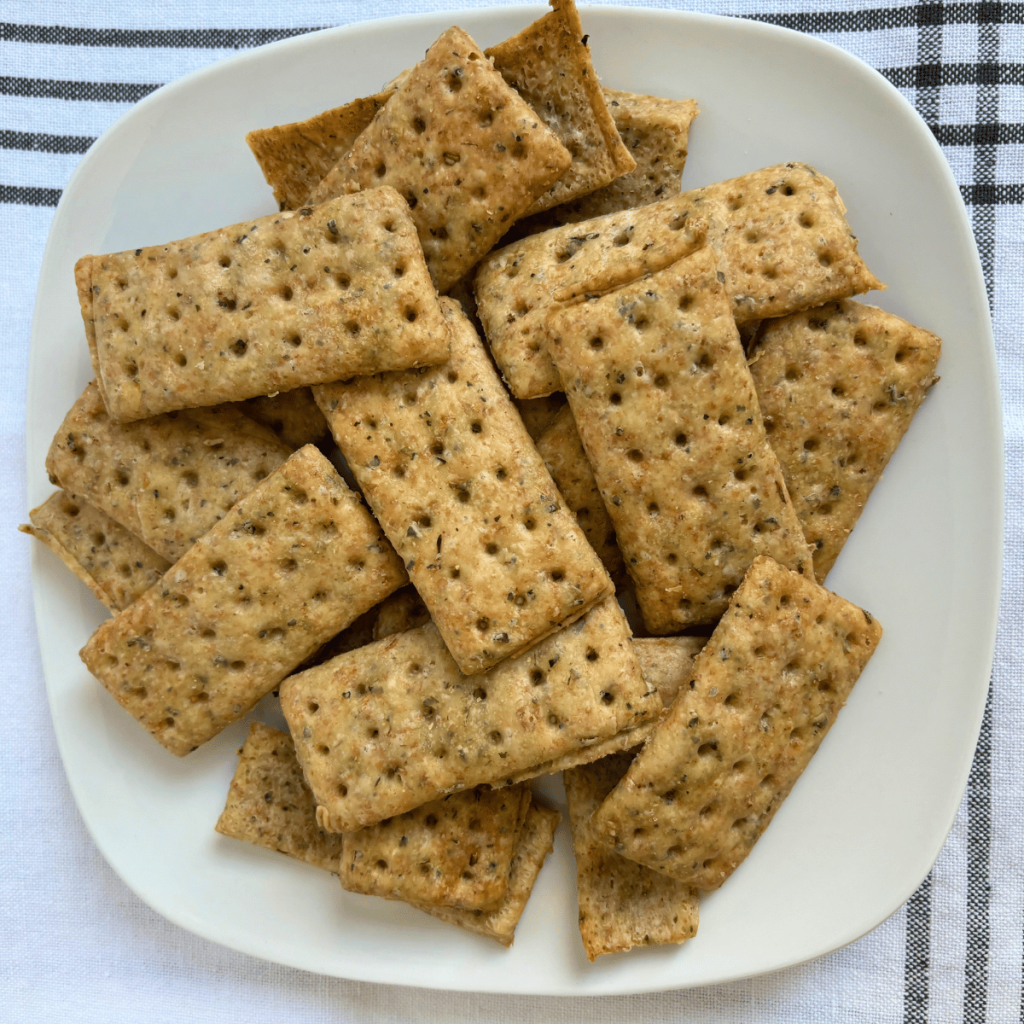 Plate of sourdough discard crackers