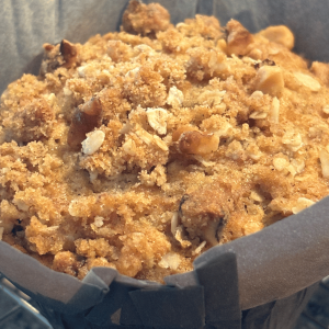 Close up of sourdough oatmeal crunch muffin.