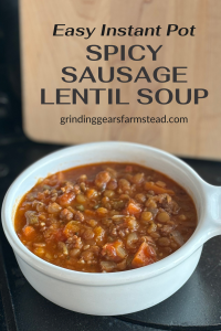 Bowl full of spicy sausage lentil soup.