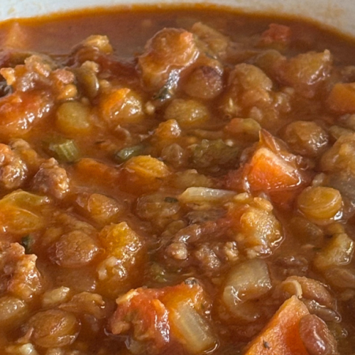 Bowl of Spicy Sausage Lentil Soup.