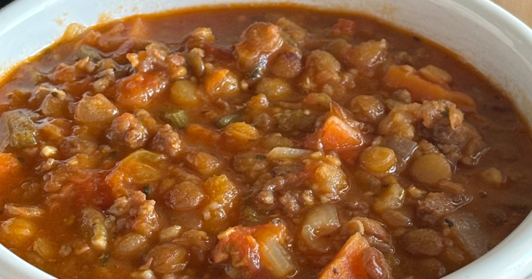 Bowl of Spicy Sausage Lentil Soup.
