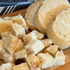Sourdough sliced and cut into cubes.