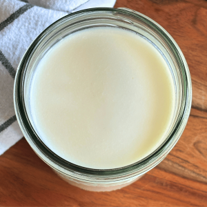 Top view of a jar of milk kefir.