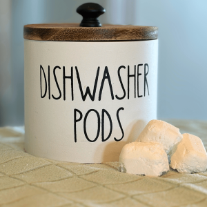 Dishwasher Pod Container with bamboo lid.