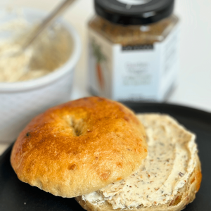 Homemade bagel with yogurt cheese.