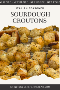 Pinterest Pin for Italian Seasoned Sourdough Croutons. 