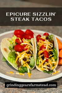 Pinterest pin for sizzlin' steak tacos made with Donair Seasoning.