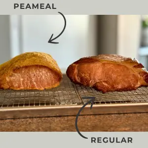 a piece of peameal back bacon and a piece of regular back bacon side by side
