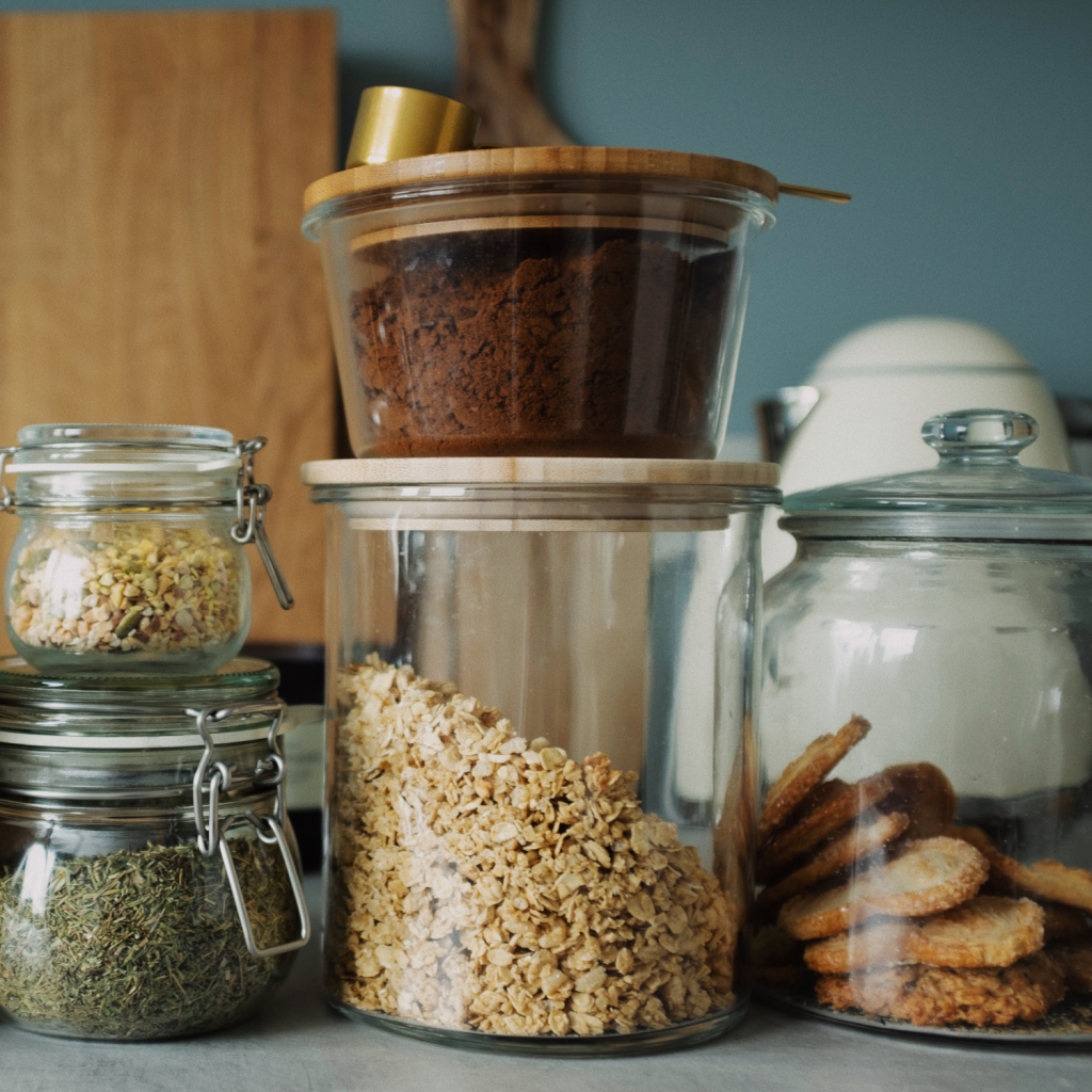 rustic style pantry jars with food in them