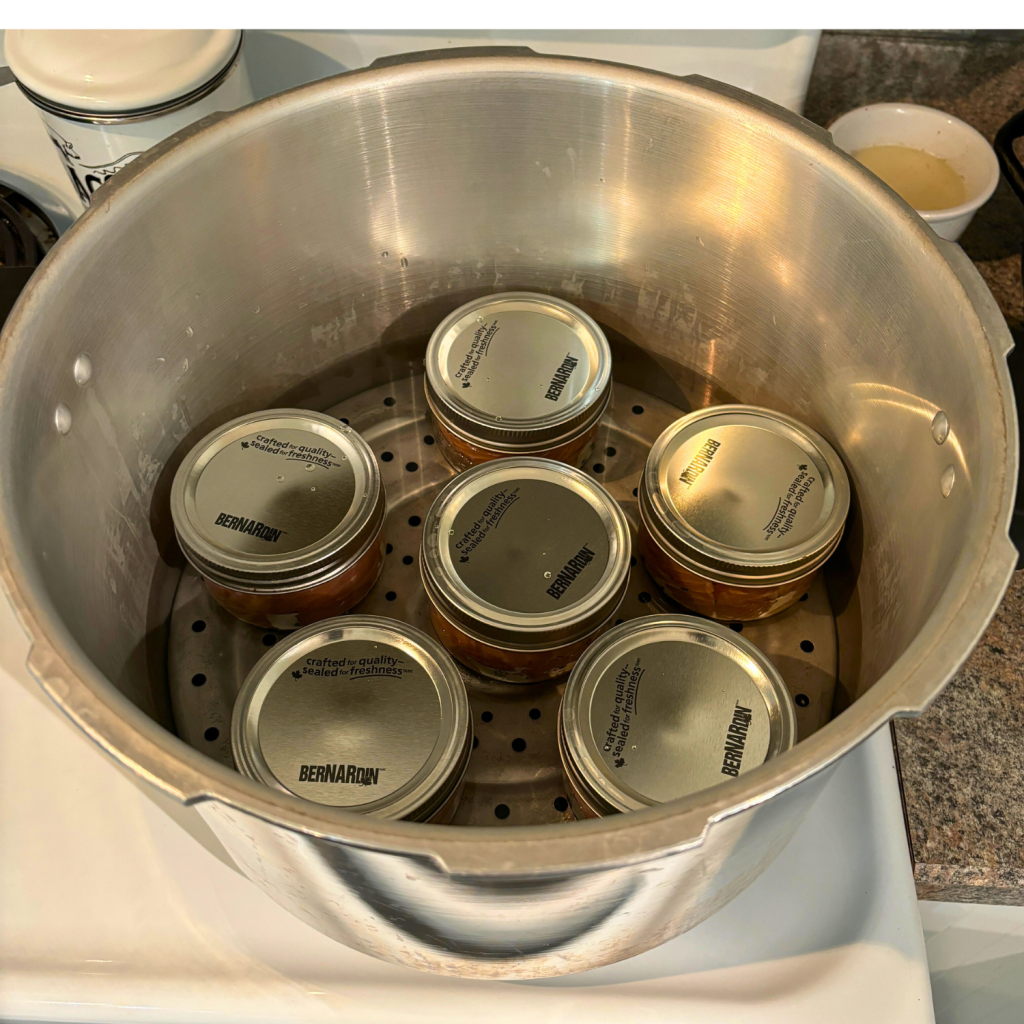 Jars of canned salmon in pressure canner