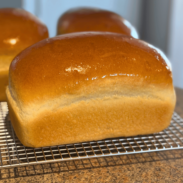 Three fresh loaves of bread with buttered tops