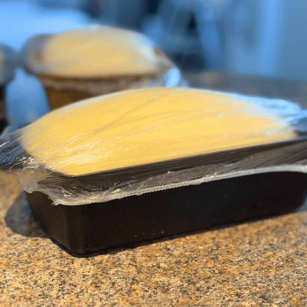 Bread dough in cast iron pan cover with plastic wrap