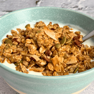 Sourdough Discard Granola on homemade yogurt