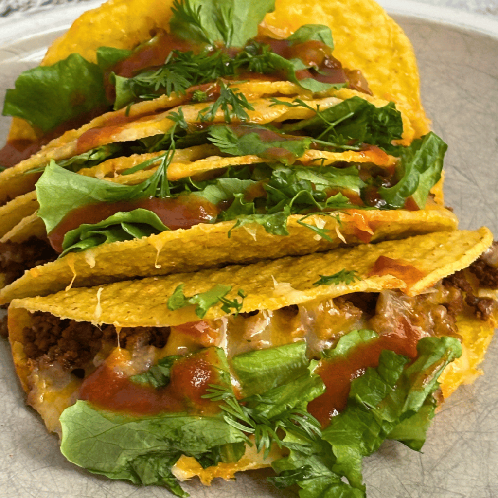 Four beef tacos made with homemade taco seasoning.