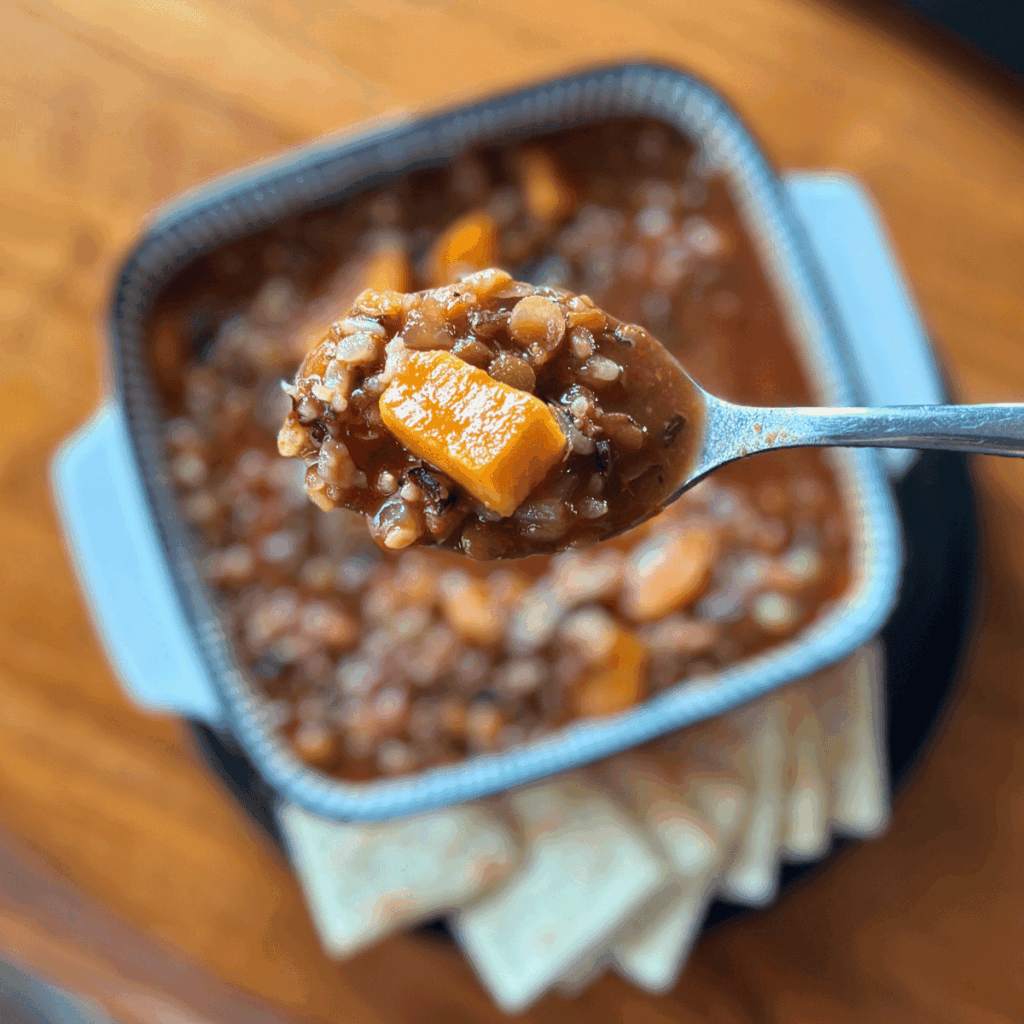 Up close spoon full of lentil and wild rice soup with the bowl in the background
