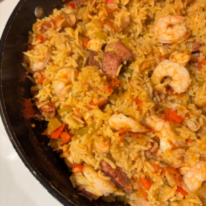Pot full of homemade jambalaya, made with chicken, shrimp and sausage