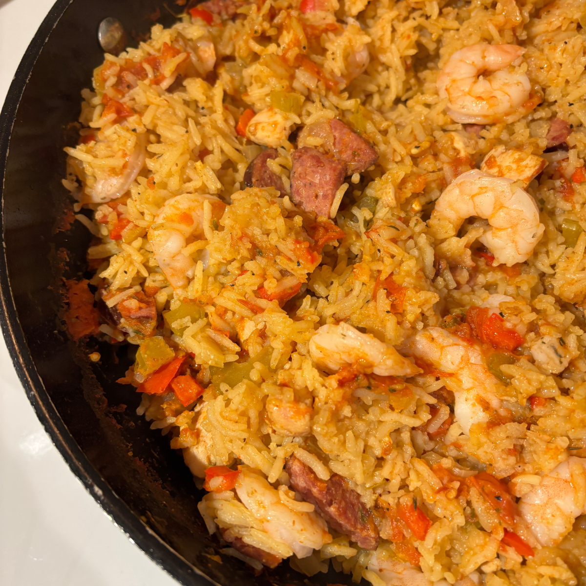 Pot full of homemade jambalaya, made with chicken, shrimp and sausage