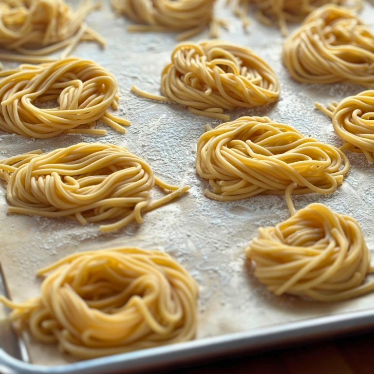 Cookie sheet with nests of homemade egg noodle pasta