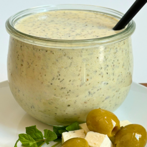 weck jar with homemade Greek Salad Dressing with some olives and feta cheese beside the jar.