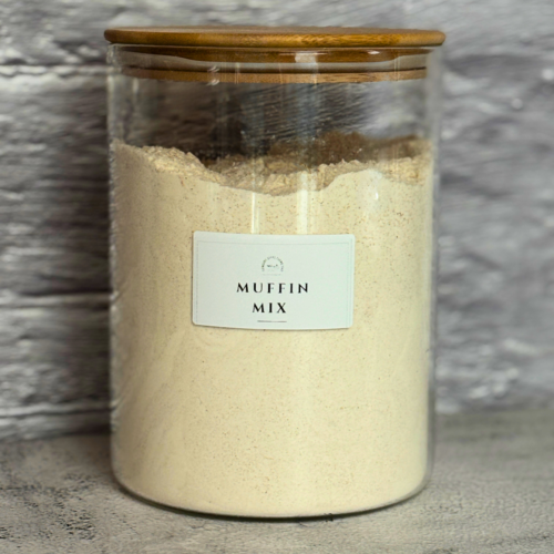 Homemade Muffin Mix in a glass jar.